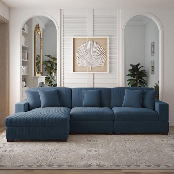 118 in. Square Arm 3-Piece Corduroy Upholstered L-Shaped Sectional Sofa in Navy Blue with Pillows