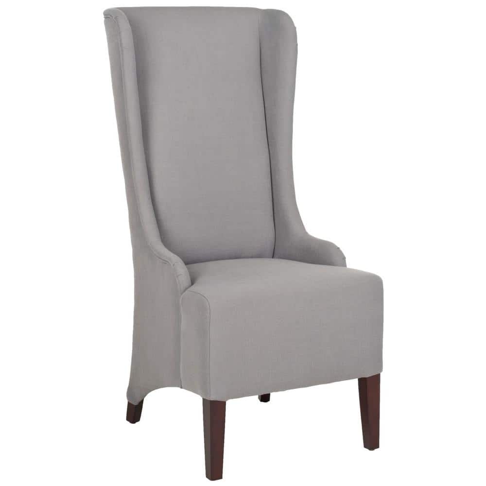 High-Back Arctic Grey Linen Upholstered Side Chair with Cherry Mahogany Legs