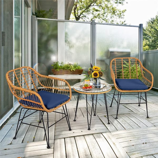 Patio Beige 3-Piece Wicker Round 19 in. Outdoor Bistro Set with Navy Cushion