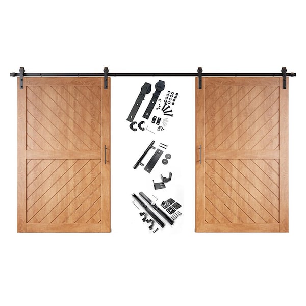 HOMACER XT4 42 in. x 80 in. C-Panel Early American Slanted Stripe Design Double Pine Wood Sliding Barn Door with Hardware Kit