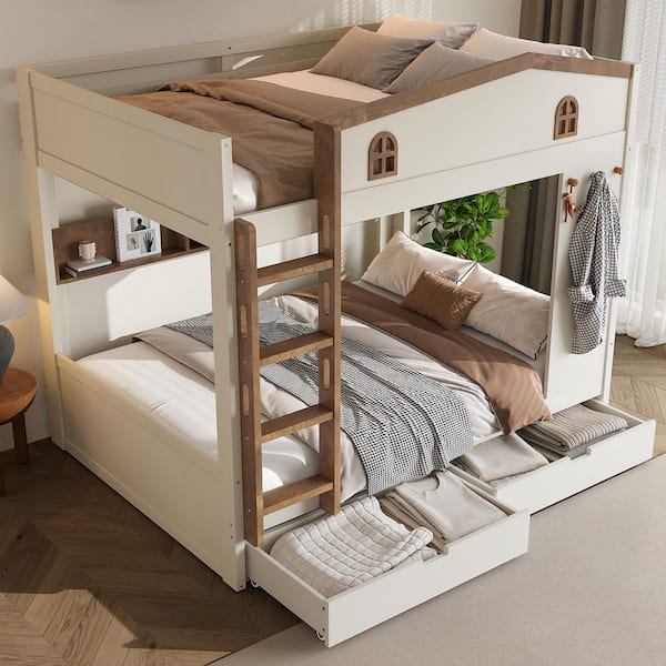 Albina Beige Queen Over Queen Wood Bunk Bed with 2 Storage Drawers and Shelves