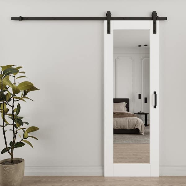 28 in. x 80 in. Paneled White Mirrored Glass Primed MDF Sliding Barn Door with Hardware Kit