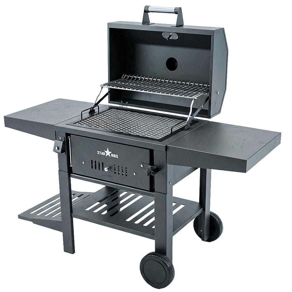 Star BBQ 24 in. Charcoal Grill Base w/Smoker Hood in Black with ExGrate Rim Insert Cooking Grate and BBQ Cart