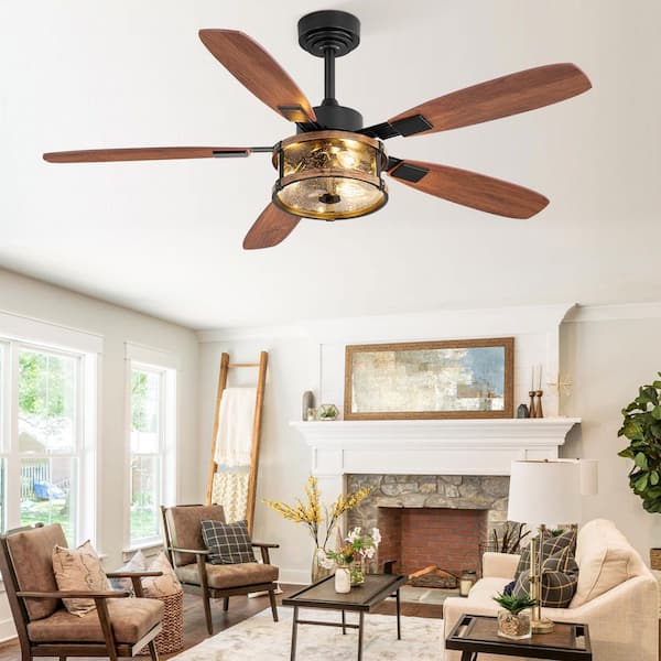 52 in. Black Indoor 6 Speeds Reversible Raindrop Glass Caged Ceiling Fans with Lights and Remote and Dual Finish Blades