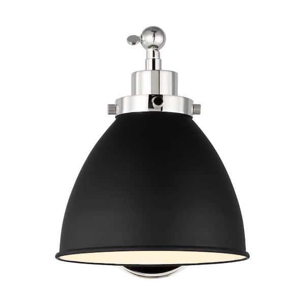 Generation Lighting Wellfleet 7.25 in. W 1-Light Midnight Black/Polished Nickel Single Arm Dome Task Wall Sconce with Steel Shade