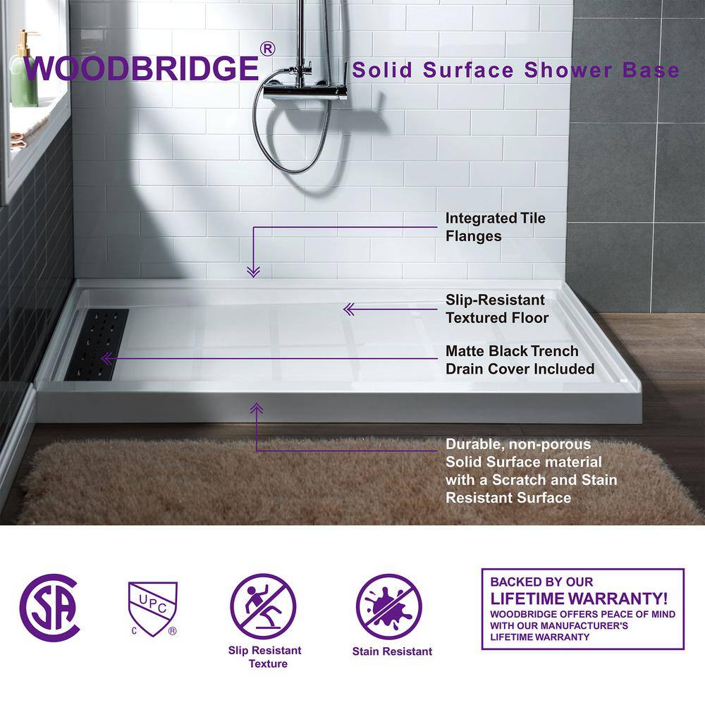 White Rectangular Shower Pan with Matte Black Drain Cover