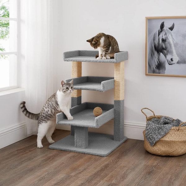 HOMESTOCK Gray Cat Tree for Large Cats, Cat Activity with Scratching Post, Cat Tower for Large Cats, 3 Level Cat Play Perch