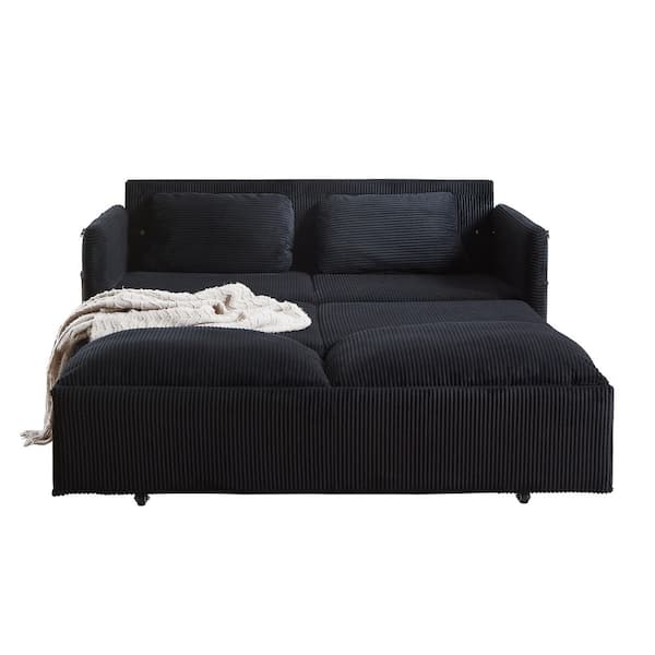 Drelvin Modern 65 in Black Corduroy Fabric Upholstered Pull-out Twin Size Sofa Bed with Pillow Top Arms and Side Pocket