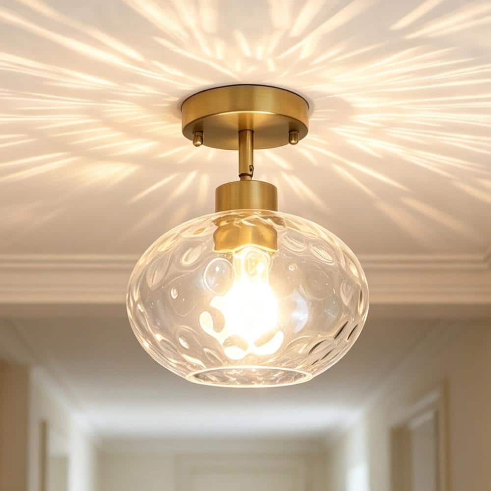 7.9 in. 1-Light Brushed Brass Modern Semi-Flush Mount Ceiling Light with Clear Hammered Glass Globe Shade price history on PriceWatchPro