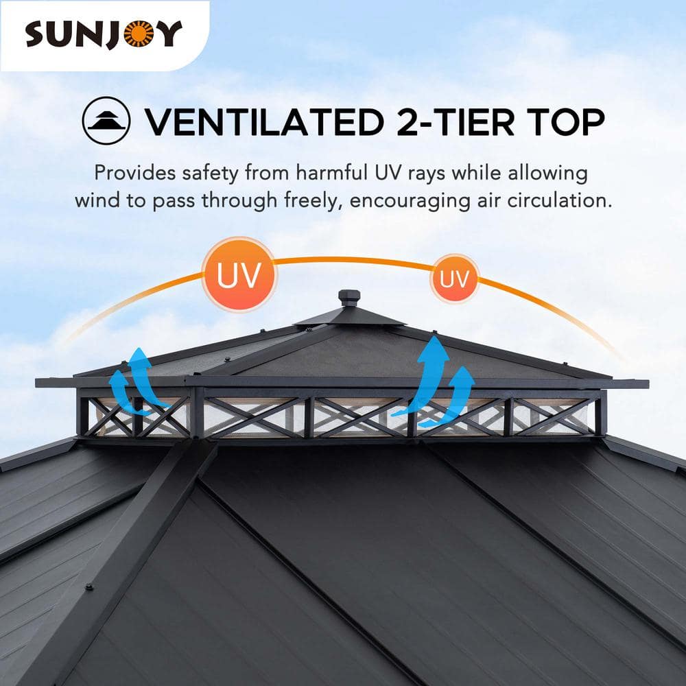 Sunjoy Black Metal 11x13 ft Hardtop Gazebo with Mesh Netting
