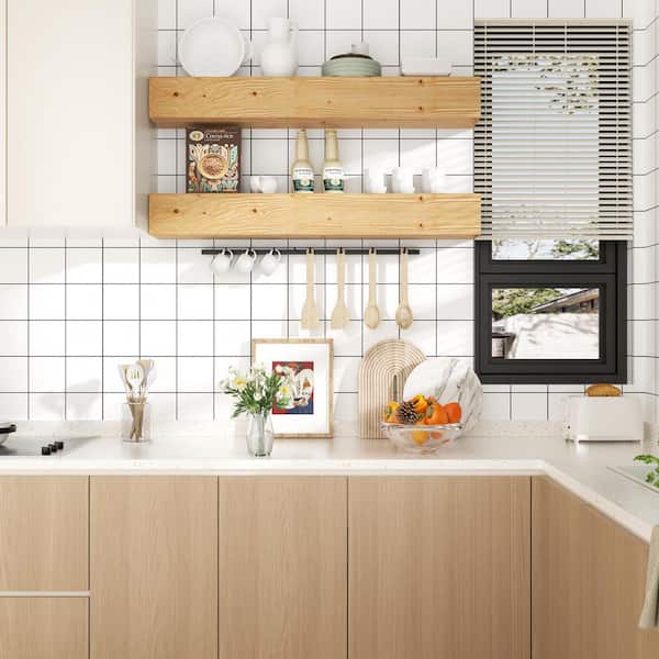 HOMEIBRO 70 in. W x 8 in. D Natural Wood Decorative Wall Shelf (Set of 2)