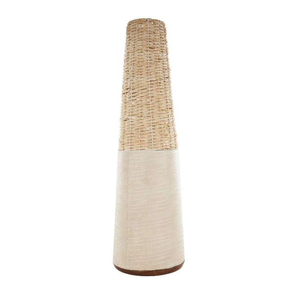 Litton Lane Light Brown Handmade Woven Rattan Geometric Decorative Vase with Beige Metal Base and Abstract Linear Markings