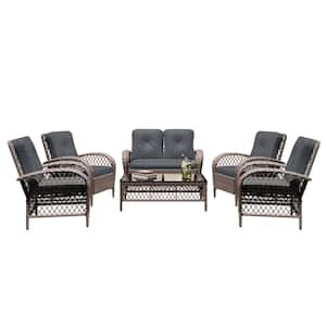6--Piece Brown Wicker Patio Conversation Seating Set with Dark Gray Cushions and Coffee Table