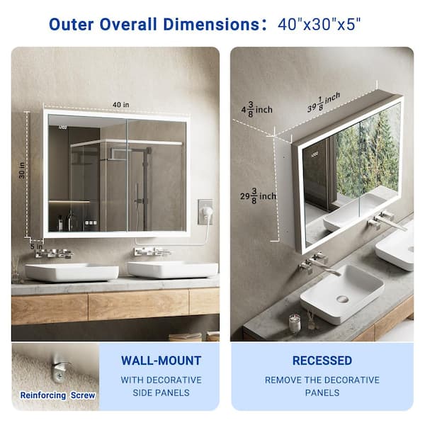 Elega 40 in. W x 30 in. H Rectangular Aluminum Recessed/Wall Mount Dimmable Fogless Lighted Medicine Cabinet with Mirror