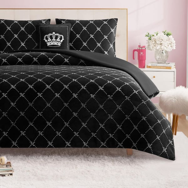 Plush Trellis Link 4-Piece Black Geometric Microfiber Full/Queen Comforter Set