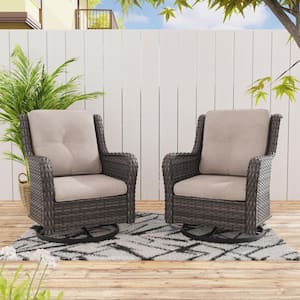 Wicker Outdoor Rocking Chair Patio Swivel with Beige Cushions (2-Pack)