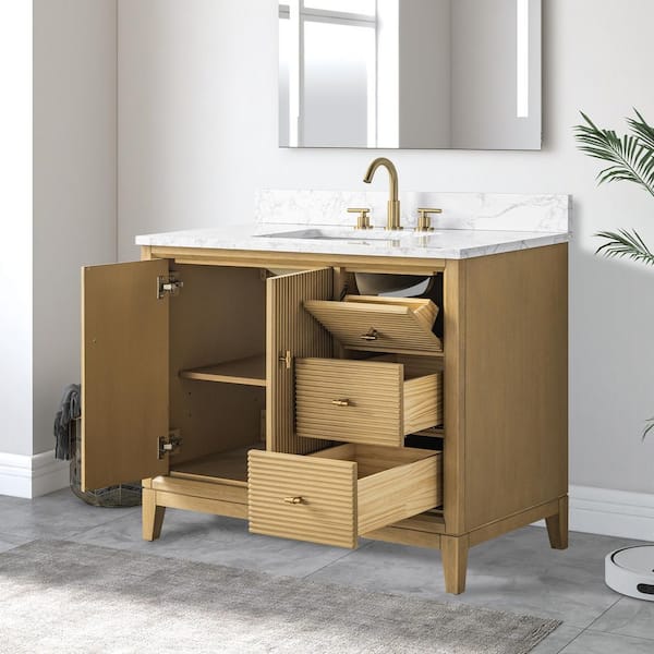 42 in. W x 34 in. H Single Sink Natural Oak Bath Vanity Cabinet with Arabescato White Engineered Marble Top