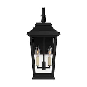 Warren Small 8.5 in. W 2-Light Textured Black Outdoor Wall Mount Lantern with Clear Glass Panels
