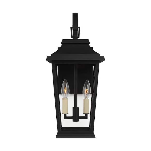 Warren Small 8.5 in. W 2-Light Textured Black Outdoor Wall Mount Lantern with Clear Glass Panels