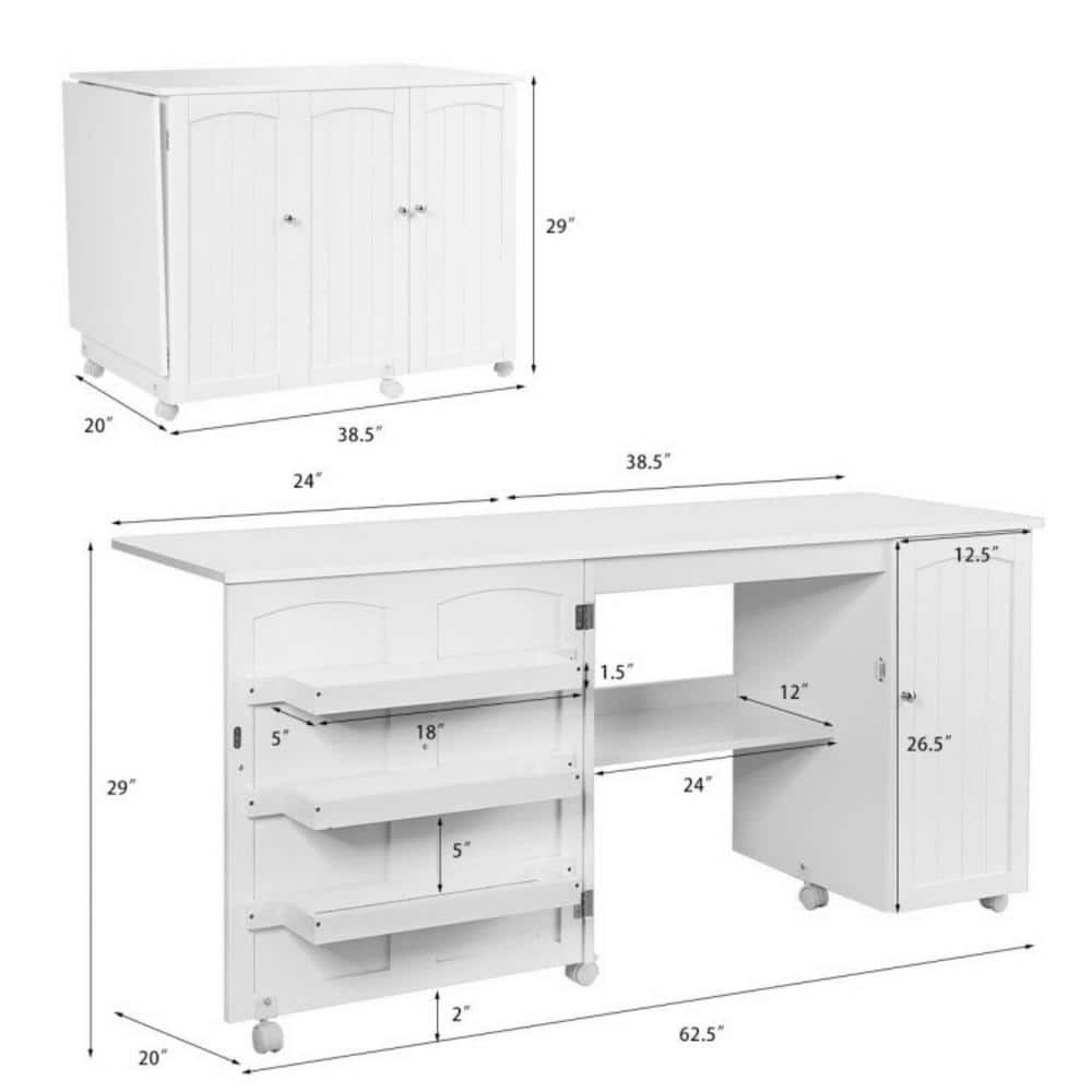 White Folding Sewing Table with Shelves and Wheels
