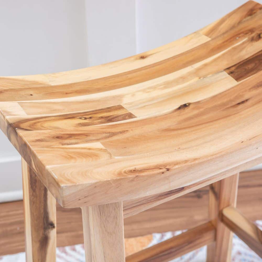 Classic Acacia Wood Saddle Counter Stool in Natural Brown