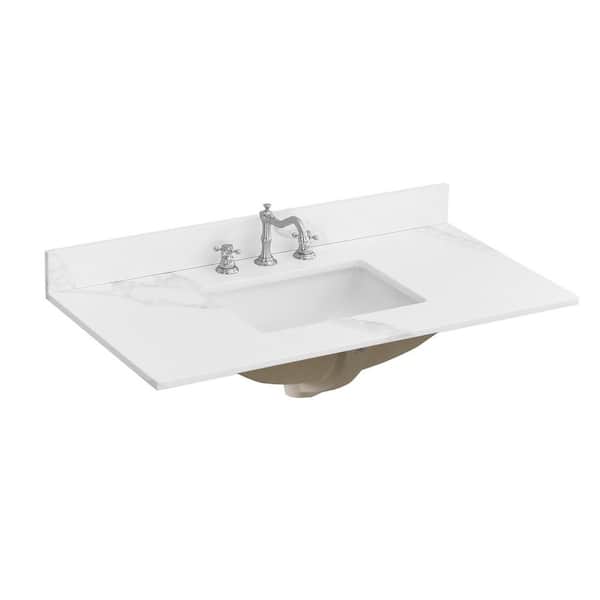 Wasser 42 in. W x 22 in. D Quartz Stone White Rectangular Single Sink Bathroom Vanity Top in Calacatta Ripple