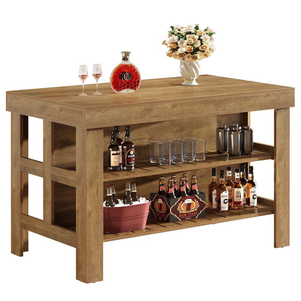 Kearsten 37.4 in. H Brown Rectangle Bar Table Seats 2 with Storage Shelves for Kitchen Dining Room, Dining Bar Table