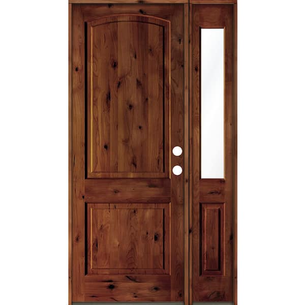 Krosswood Doors 56 in. x 96 in. Knotty Alder 2 Panel Left-Hand/Inswing Clear Glass Red Chestnut Stain Wood Prehung Front Door w/Sidelite