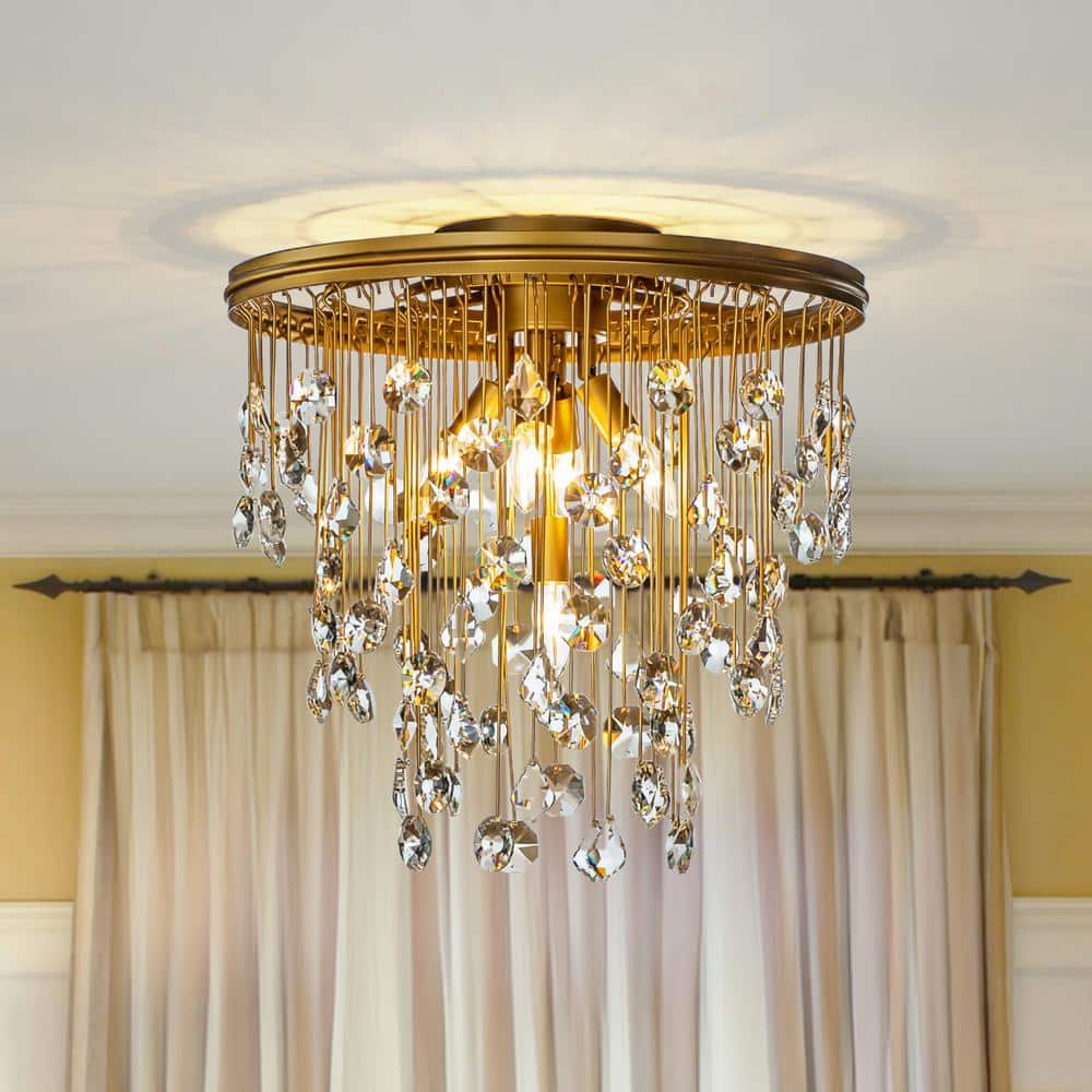 5-Light 20 Contemporary and Glam Antique Gold Rain Drop Crystal Flush Mo
