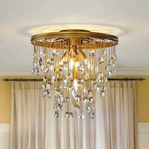 5-Light 20" Contemporary and Glam Antique Gold Rain Drop Crystal Flush Mount