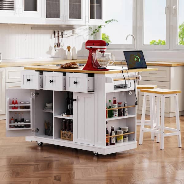 YANTENG LLC 53 in. White Kitchen Cart Island with 2 Bar Stools, Power Outlet, Storage Racks, Drop Leaf, Drawers, and Wheels