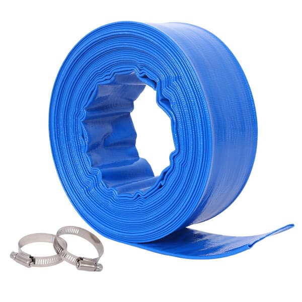 Backwash Hose 1-1/2 in.(Flat 2.6 in.) W x 50 ft. Blue Heavy Duty PVC Lay Flat Water Discharge Hose with 2 Clamp