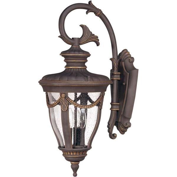 Glomar 3-Light Outdoor Belgium Bronze Large Wall Lantern with Arm Down and Seeded Glass
