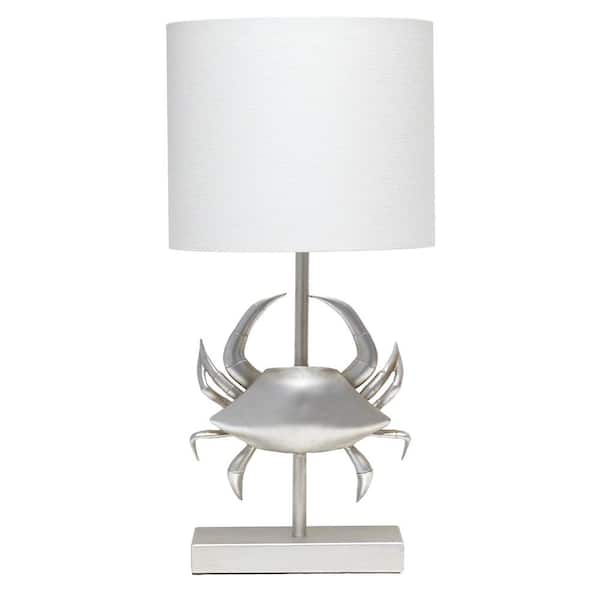 Simple Designs 18.25 in. Brushed Nickel Coastal and Polyresin Crab Shaped Bedside Table Lamp with Fabric Shade