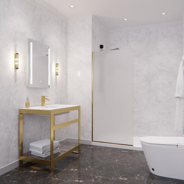 Veil Series 34 in. x 74 in. H Fixed Frameless Shower Door in Brushed Gold with Tsunami Guard Tempered Frosted Glass