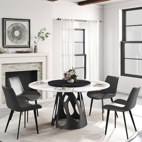 Magic Home 59 in. White Lazy Susan Sintered Stone Tabletop with Black Pedestal Base Dining Table (Seats-8)