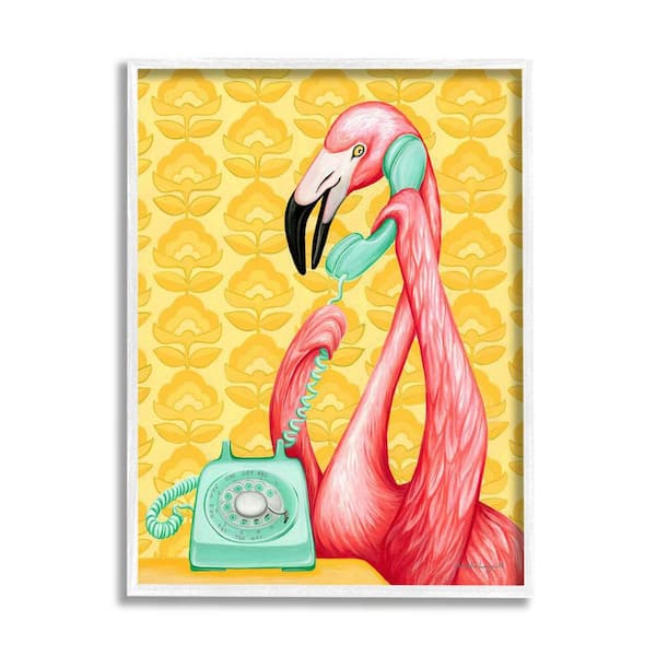 The Stupell Home Decor Collection Flamingo Calling Dial Telephone Groovy Flowers Wallpaper By Amelie Legault Framed Animal Art Print 14 in. x 11 in.