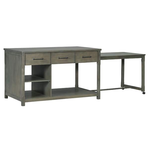 Ziyudura Gray Wood Top 99 in. Extendable Kitchen Island with Built-in Power Outlets, 3-Drawers, Open Shelves, and Locking Casters