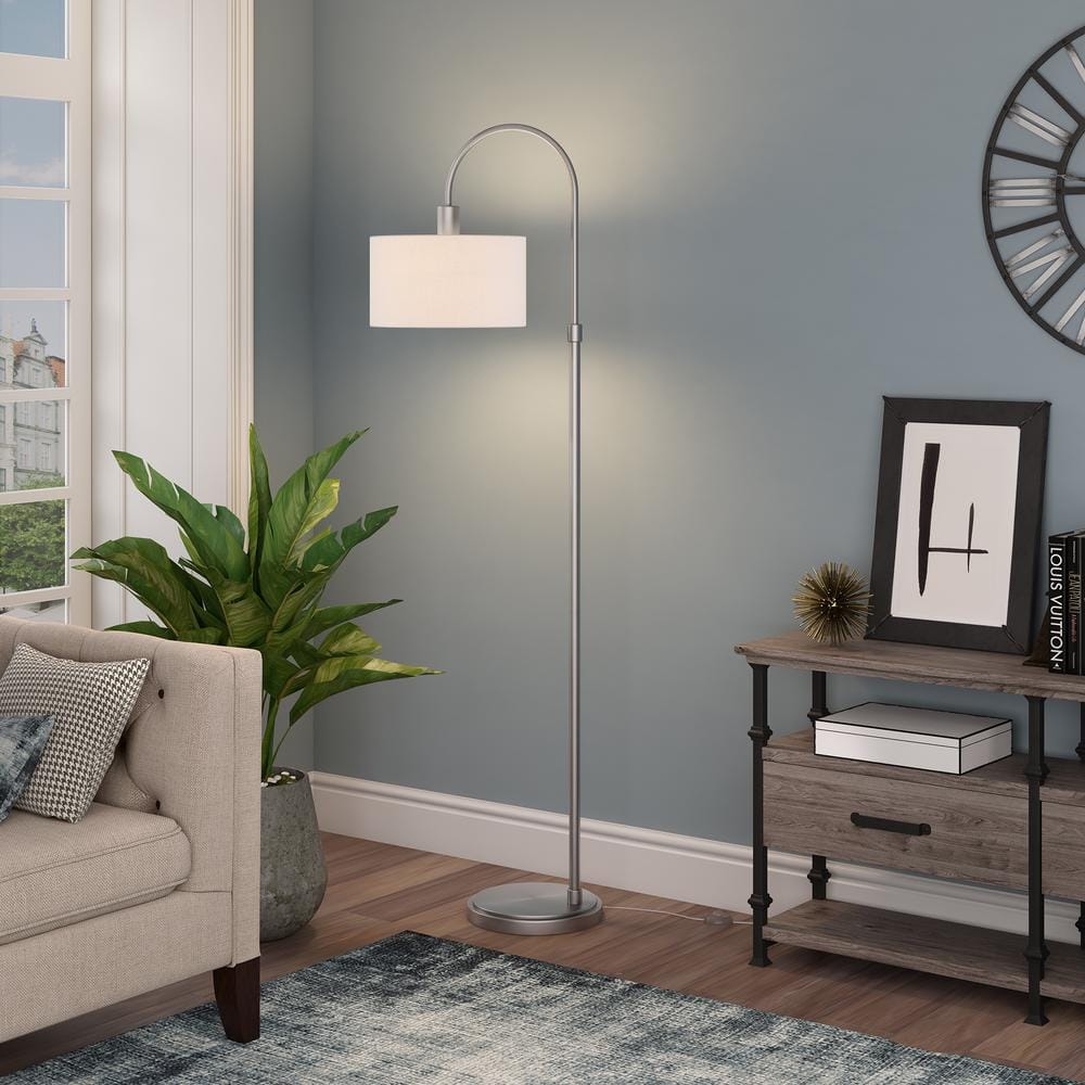 Sophia 70" White Drum Shade Arc Floor Lamp with Brushed Nickel Base