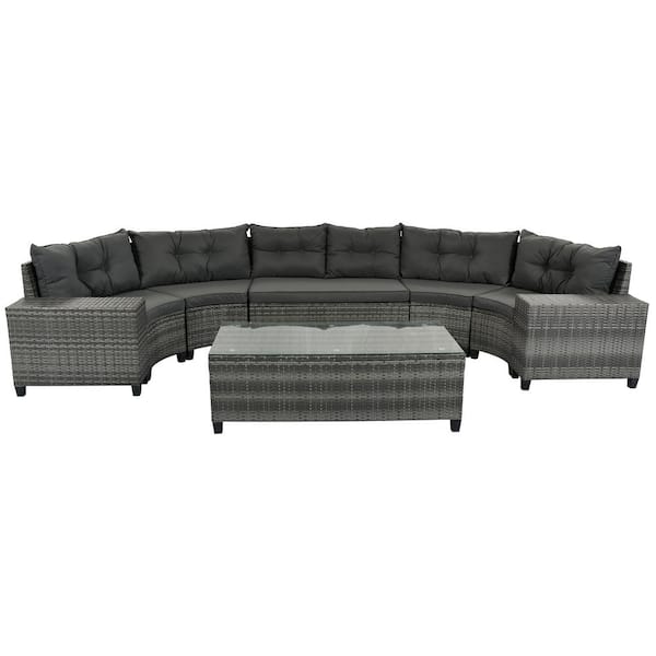 Angel Sar 8-Piece Wicker Half-Moon Outdoor Sofa Sectional Set with Rectangular Coffee Table and Gray Cushions
