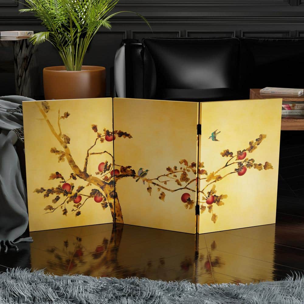 2 ft. Short Double Sided Plum Tree Canvas Folding Screen