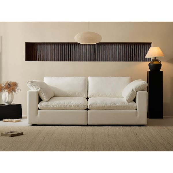 Modern 86 in. Wide Square Arm Linen Fabric Rectangle Sectional Sofa Combination Sofa 2 Seats in Pearl White