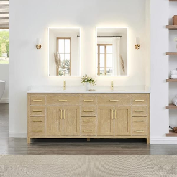 Beckett 84 in. Double Freestanding Whitewashed Oak Bath Vanity with White Cultured Marble Top
