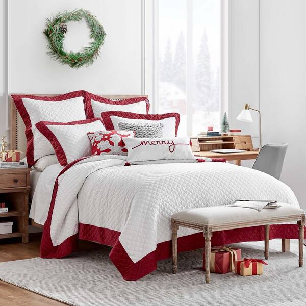 LEVTEX HOME All is Bright 3-Piece White and Red Diamond Quilting 