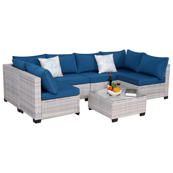 Sudzendf Gray 7-Piece PE Wicker Outdoor Patio Conversation Set with Navy Blue Cushions and Built-in Glass Table