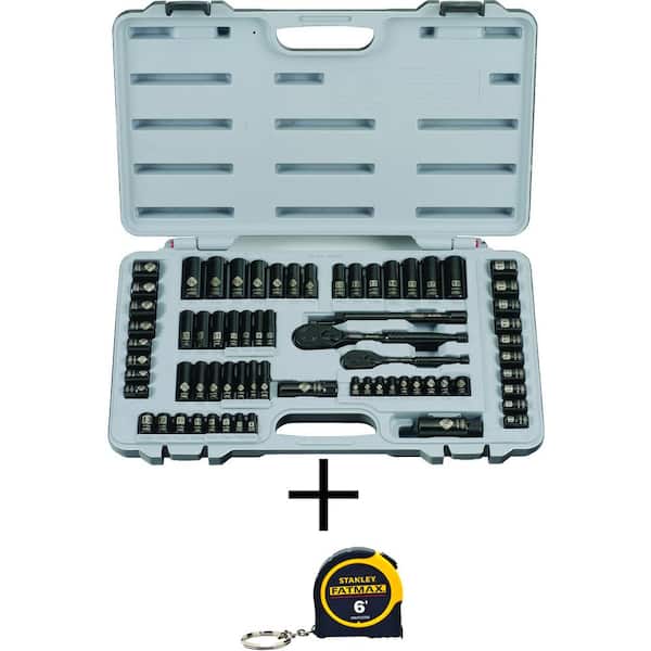 Stanley 1/4 in. & 3/8 in. Drive Black Chrome Laser Etched SAE Mechanics Tool Set (69-Piece) and FATMAX 6 ft. Tape Measure