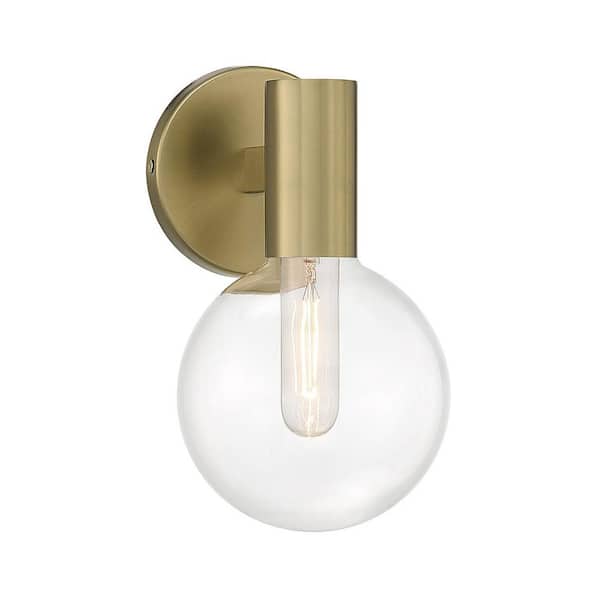 Savoy House Wright 5.75 in. W x 10 in. H 1-Light Warm Brass Wall Sconce with Clear Glass Shade