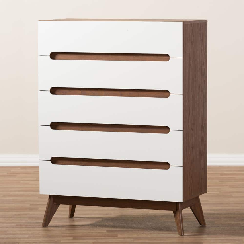 Calypso Mid-Century Modern White and Walnut 5-Drawer Chest