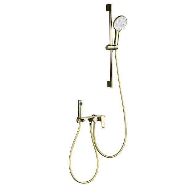 Single-Handle Wall-Mount Roman Tub Faucet with Hand Shower Brass Waterfall Bathtub Faucets in. Brushed Gold