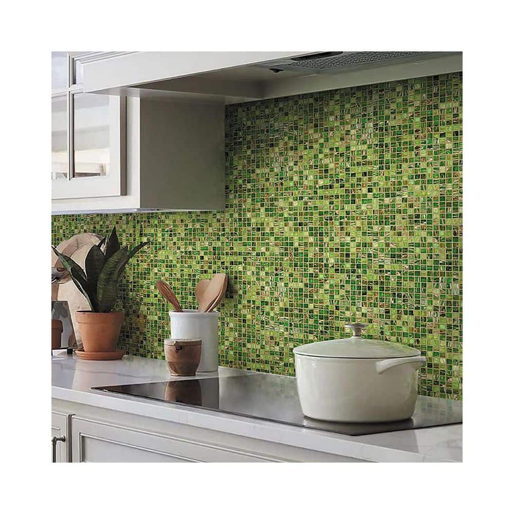 Mingles 12" x 12" Glossy Green Glass Mosaic Tile